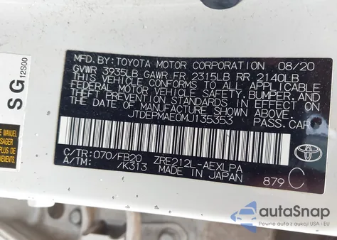 2021 Toyota Corolla Le from USA, damaged, VIN JTDEPMAE0MJ135353